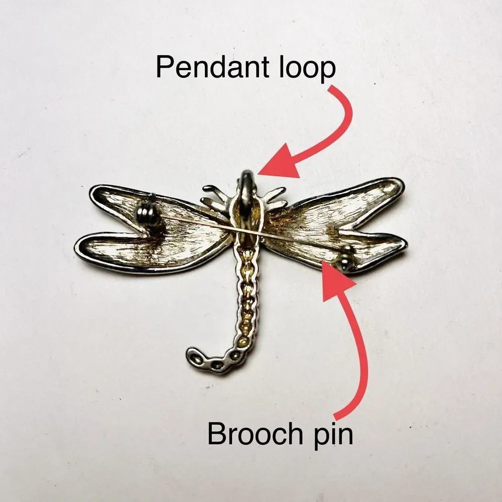 Large Dragonfly Brooch / Pendant & Earrings Set Silver Tone Unsigned Rhinestones